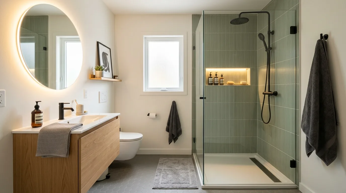 Use a large mirror to double the light inspiration for a small bathroom.